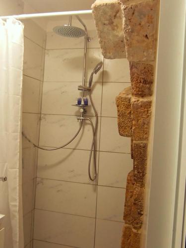 a shower in a bathroom with a stone wall at Calamari Suite in Acre