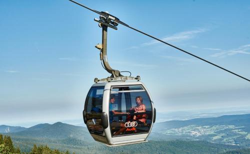two people riding a cable car in the mountains at Rehwinkel in Bodenmais