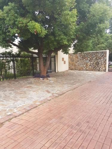 a tree in a courtyard next to a stone wall at LightStone Guesthouse in Centurion