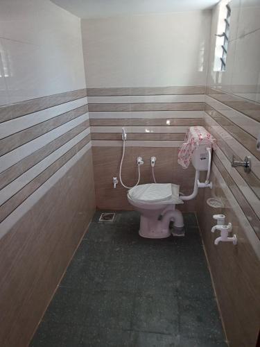 a bathroom with a pink toilet in a stall at Shiva Homestay Dwarka in Dwarka