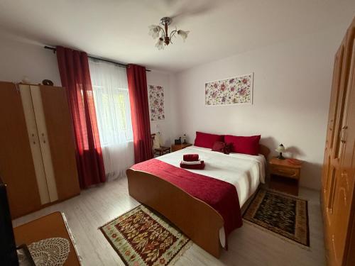 a bedroom with a large bed with red pillows at La Bica in Bîrnova
