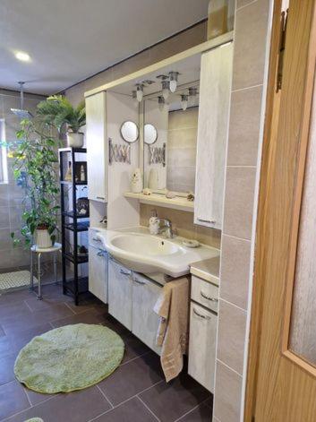 a bathroom with a sink and a mirror at Pension Lehmann in Köthen