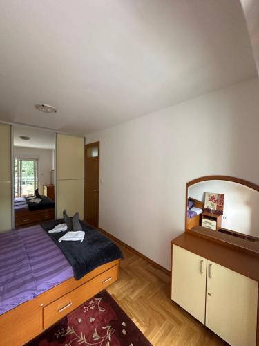 a bedroom with a bed and a large mirror at Mercury Apartments Budva in Budva