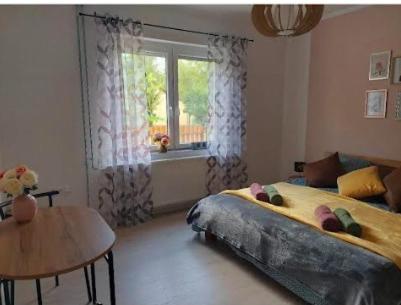 a bedroom with a bed and a table and a window at Vidam in Csengőd