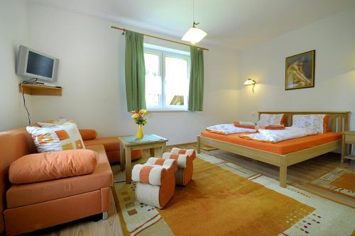 ein Wohnzimmer mit einem Bett und einem Sofa in der Unterkunft Apartmanovy Dom Martha a Domček Martuška in Liptovský Ján