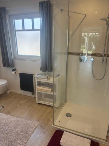 a bathroom with a shower with a glass enclosure at Rose Garden in Hessisch Oldendorf