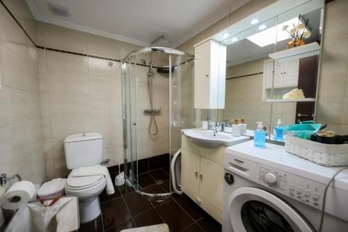 a bathroom with a toilet and a sink and a shower at Patithries Apartments in Kalymnos