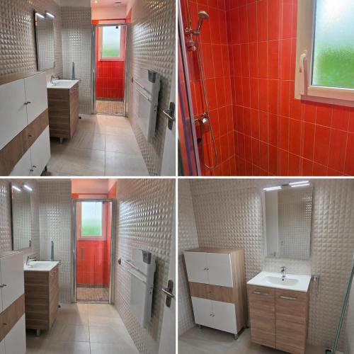a bathroom with two sinks and a red door at Villa 2 étoiles Etxe Xumea in Aldudes
