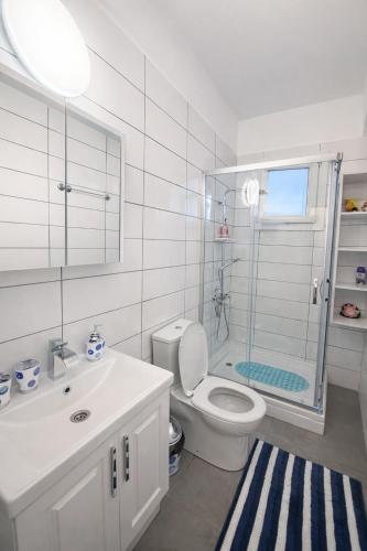 a bathroom with a shower and a toilet and a sink at Lapta SEL in Ayios Dhometios