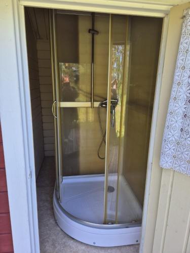 a shower with a glass door in a house at Uttis Home in Nauvo