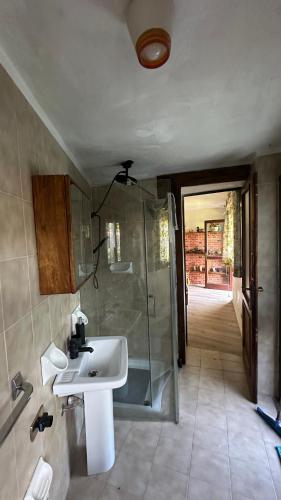 a bathroom with a sink and a shower at The Luff & Match B&B in IDRO