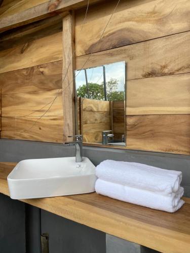 a bathroom with a sink and a mirror at Foresta Yala in Tissamaharama