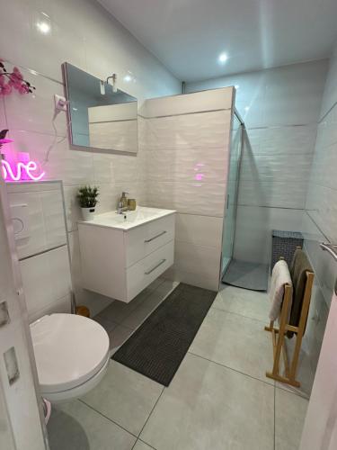 a white bathroom with a toilet and a sink at Paris Giverny familles & professionnels in Freneuse