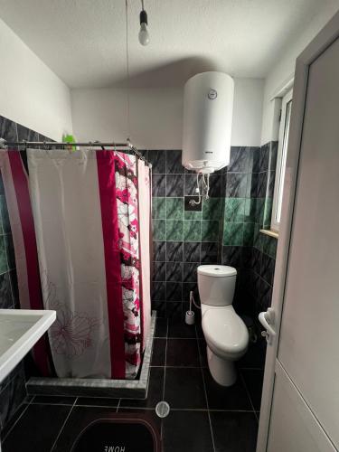 a bathroom with a toilet and a shower curtain at InnPogradec Center in Pogradec