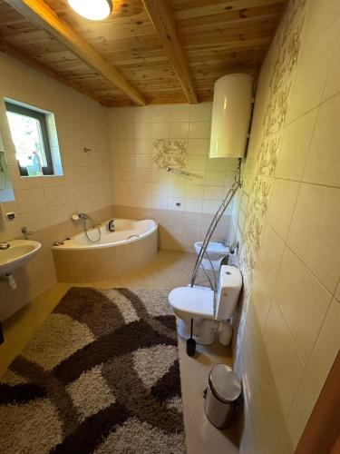 a bathroom with a tub and a sink and a toilet at Summer house near the forest in Dybki