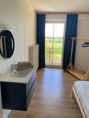 a bathroom with a sink and a mirror and a window at Pension Straßl in Andorf