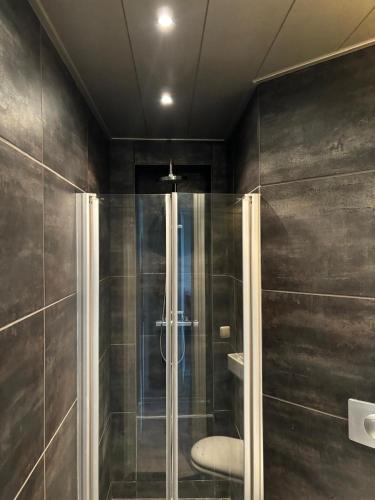 a shower with a glass door in a bathroom at Strandappartement Iselmar Makkum nr 30 in Makkum
