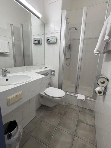 a bathroom with a sink and a toilet and a shower at An der Stadthalle in Braunschweig