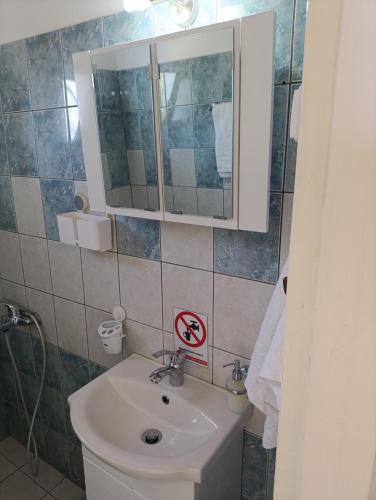 a bathroom with a sink and a mirror and a toilet at La Casa D' Irene in Agios Nikitas