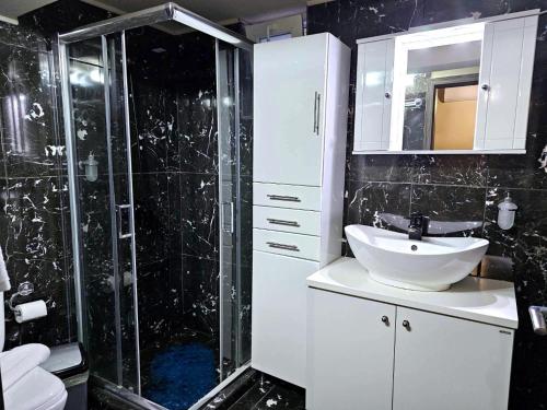 a bathroom with a sink and a glass shower at Elia Paradise Villa with private Pool in Heraklio