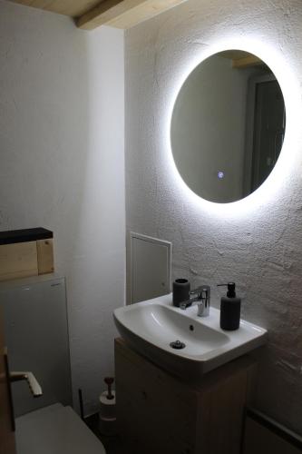a bathroom with a sink and a mirror on the wall at Chalet Alpen Charme in Turtmann