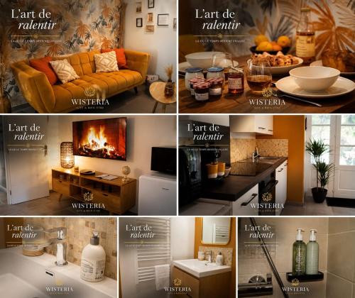 a collage of four pictures of a living room at Wistéria #Piscine #Terrasse privée #Route des vins in Azé