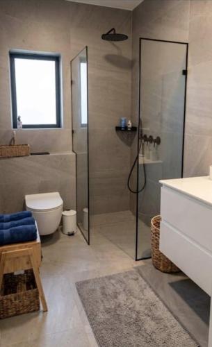 a bathroom with a shower and a toilet and a sink at נוף לחרמון דפנה in Dafna
