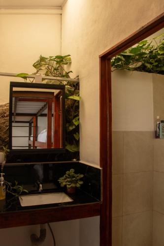 a bathroom with a mirror and a sink at Volcano Panoramic Views in Vara Blanca