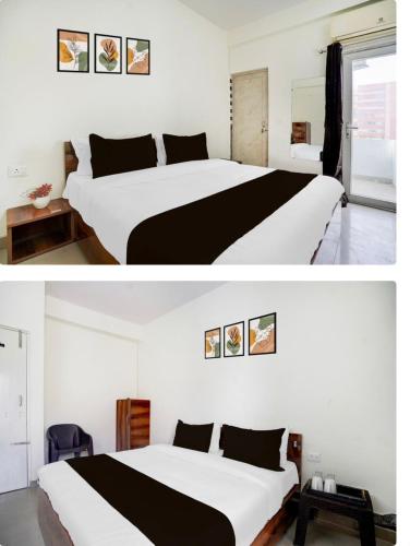 two pictures of a bedroom with two beds at Hotel Galaxy Inn in Greater Noida