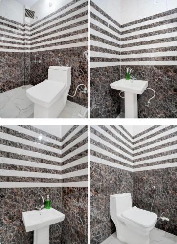 four pictures of a bathroom with a toilet and sink at Hotel Galaxy Inn in Greater Noida