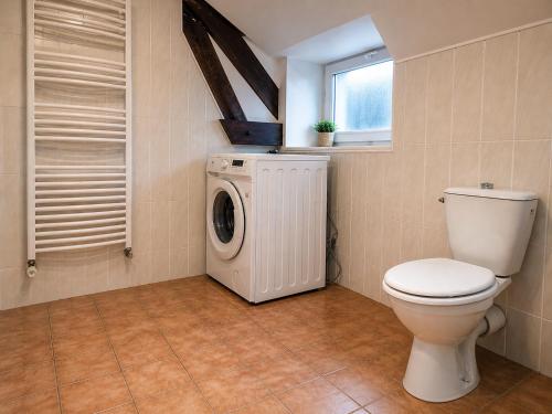 a bathroom with a toilet and a washing machine at Le Saint-Cyr Issoudun - Cosy, Spacious & Downtown in Issoudun