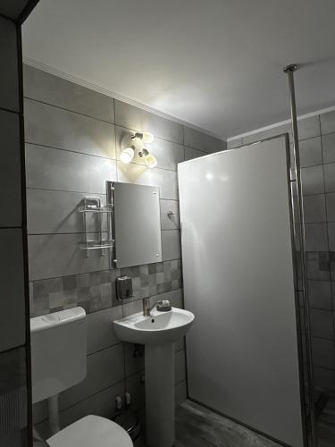 a bathroom with a sink and a toilet and a mirror at Belvedere Panaci in Coverca