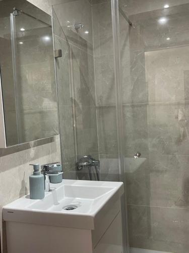a bathroom with a white sink and a shower at Appart laouina in El Aouina Station