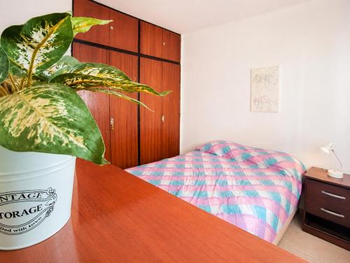 a bedroom with a table with a potted plant on it at Departamento Mara in Puerto Madryn