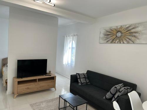 a living room with a black couch and a flat screen tv at E&L Apartments in Kovačina
