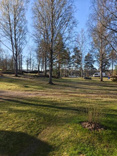 a field of grass with trees in a park at Aitta majoitus in Kouvola