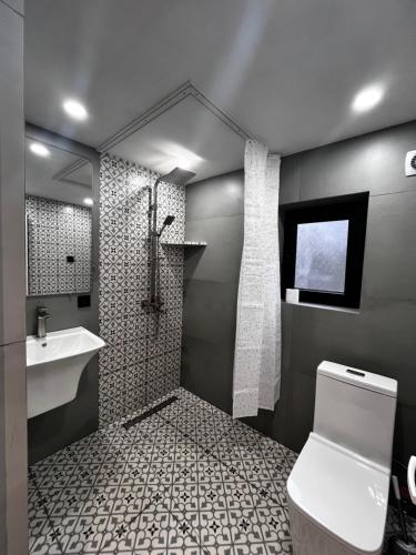 a bathroom with a toilet and a sink at Apartments Gabliani in Mestia in Mestia
