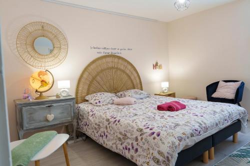 a bedroom with a bed and a mirror and a chair at Jolie maison cosy in Saint-Uze