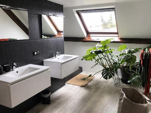 a bathroom with a white sink and a window at Maison 10 pers avec piscine Proche chalon et Beaune in Oslon