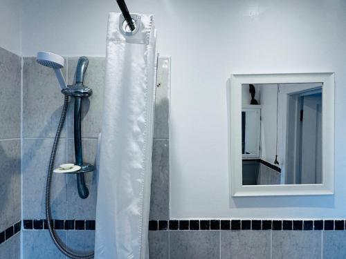 a shower curtain in a bathroom with a mirror at Palm Valley Villa in Poole