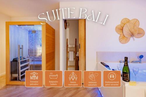 Suite Bali de 45m2 - Idéal couple - Chambre séparée - Jacuzzi baignoire balnéo - Sauna - Clim réversible - Netflix - Piscine accès partagé avec la petite copro - Bouteille de champagne offerte dès 2 nuits