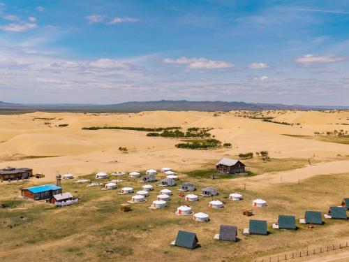 a group of tents in a field in the desert at Mongol Altai Tour Camp in Högönö-Taranaiin-Hüree