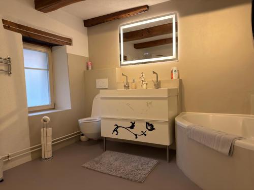 a bathroom with a sink and a tub and a toilet at Rooms4Rent in Bottmingen