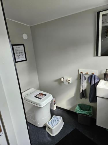 a small bathroom with a toilet and a sink at Klevenius in Gnesta