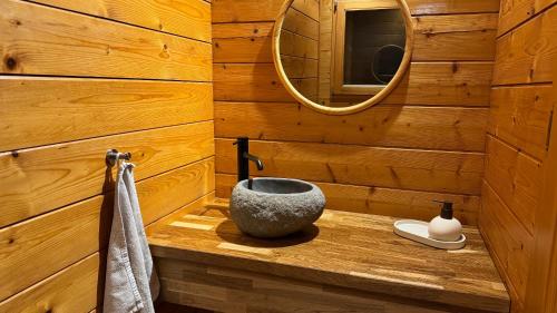 a bathroom with a stone sink and a mirror at Chalet scandinave in Xonrupt-Longemer