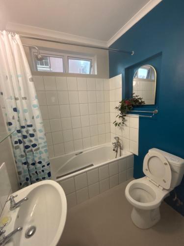a bathroom with a white toilet and a tub and a sink at The Muizenberg Muse in Muizenberg