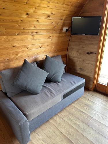 a couch in a room with a television on the wall at Rexes Hollow Camping in Yeovil Junction