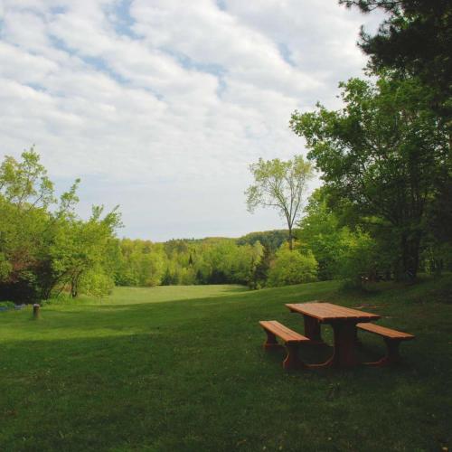 a picnic table in the grass in a park at The Barn - A Unique Gathering Place in Sainte-Cécile-de-Masham
