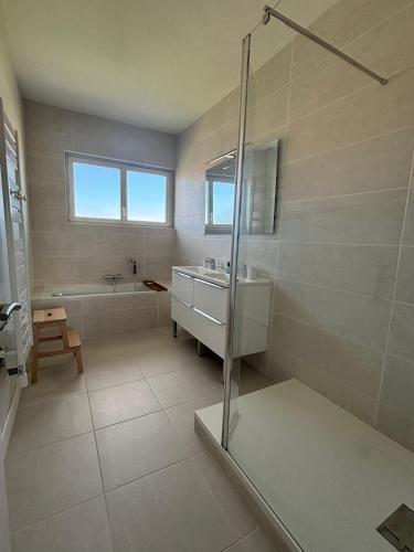 a bathroom with a shower and a sink and a tub at Appartement Bassin d' Arcachon in La Teste-de-Buch