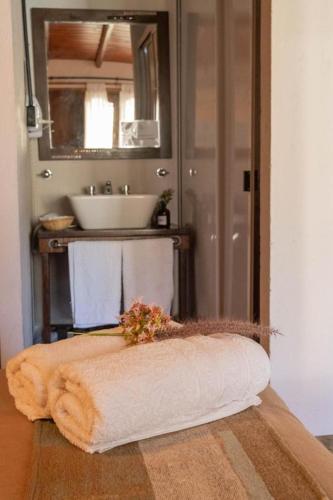 a bathroom with a sink and a towel on the floor at GuardiaPiemontese Aparts in Capilla del Monte
